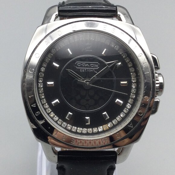 Coach Watch Women 39mm Silver Tone Black Logo Dial Crystals Leather New Battery - Picture 2 of 15